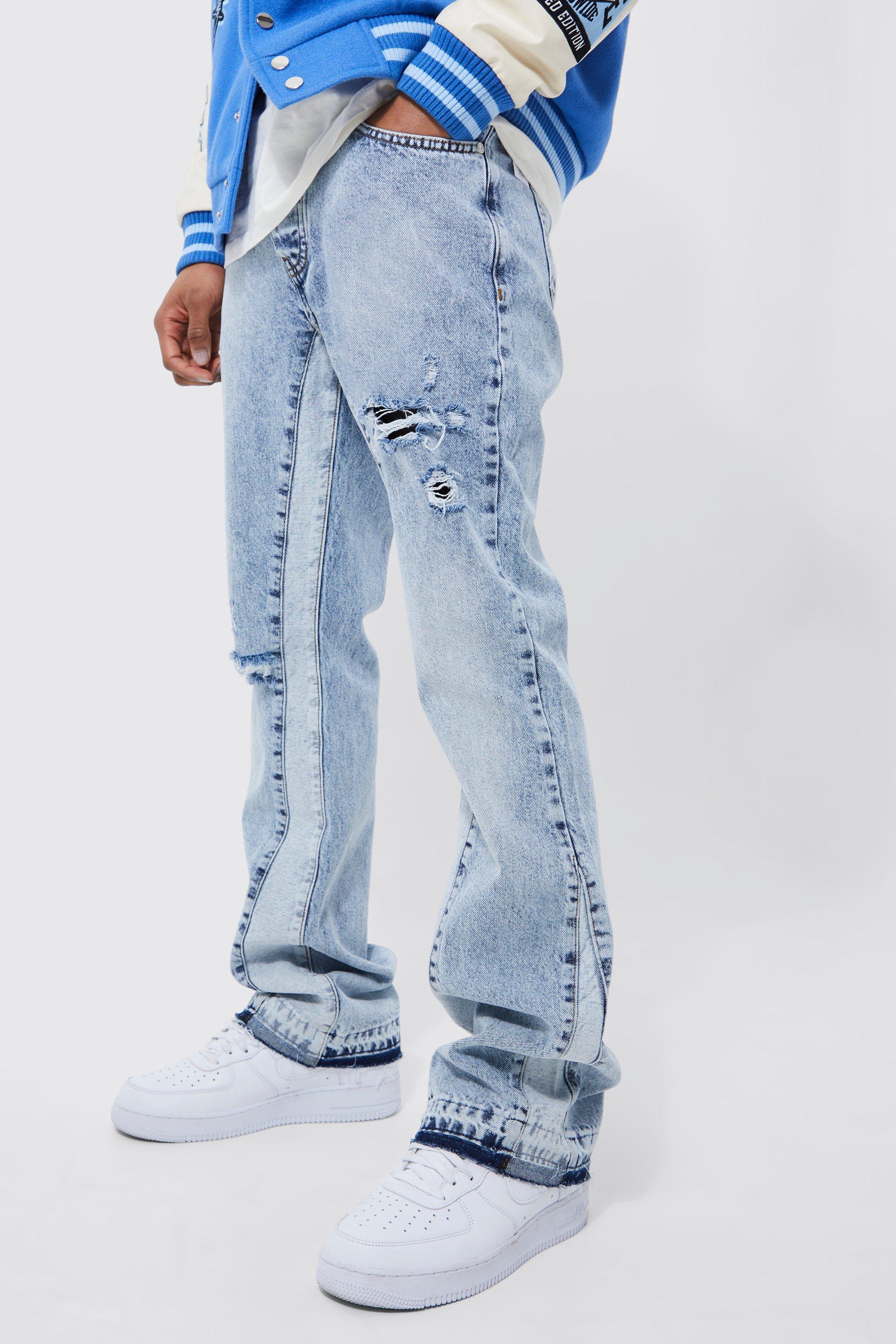 Mens Blue Slim Flare Washed Distressed Gusset Panel Jeans, Blue